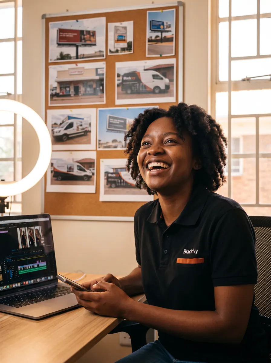 Content creator laughing at a desk in front of a board of billboard photos