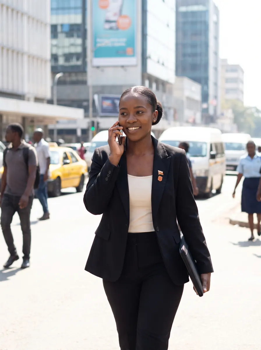 Sales executive walking through Harare on a phone call