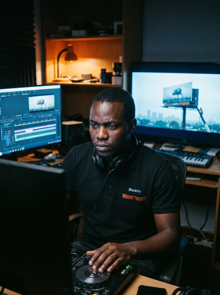 Videographer editing footage in a dark edit suite